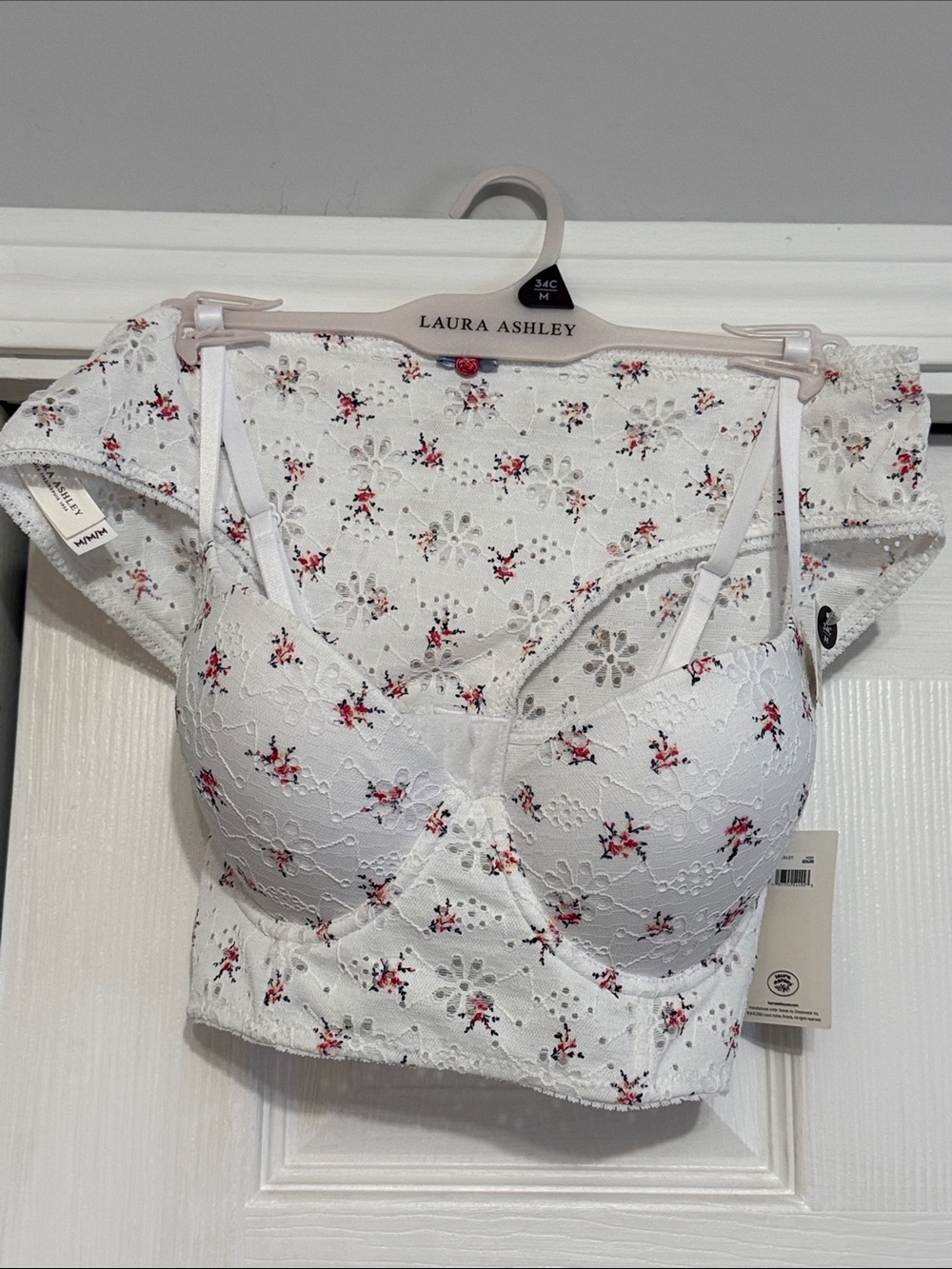 Laura Ashley White Lace Floral Longline Bralette with Red Accents and Panty set